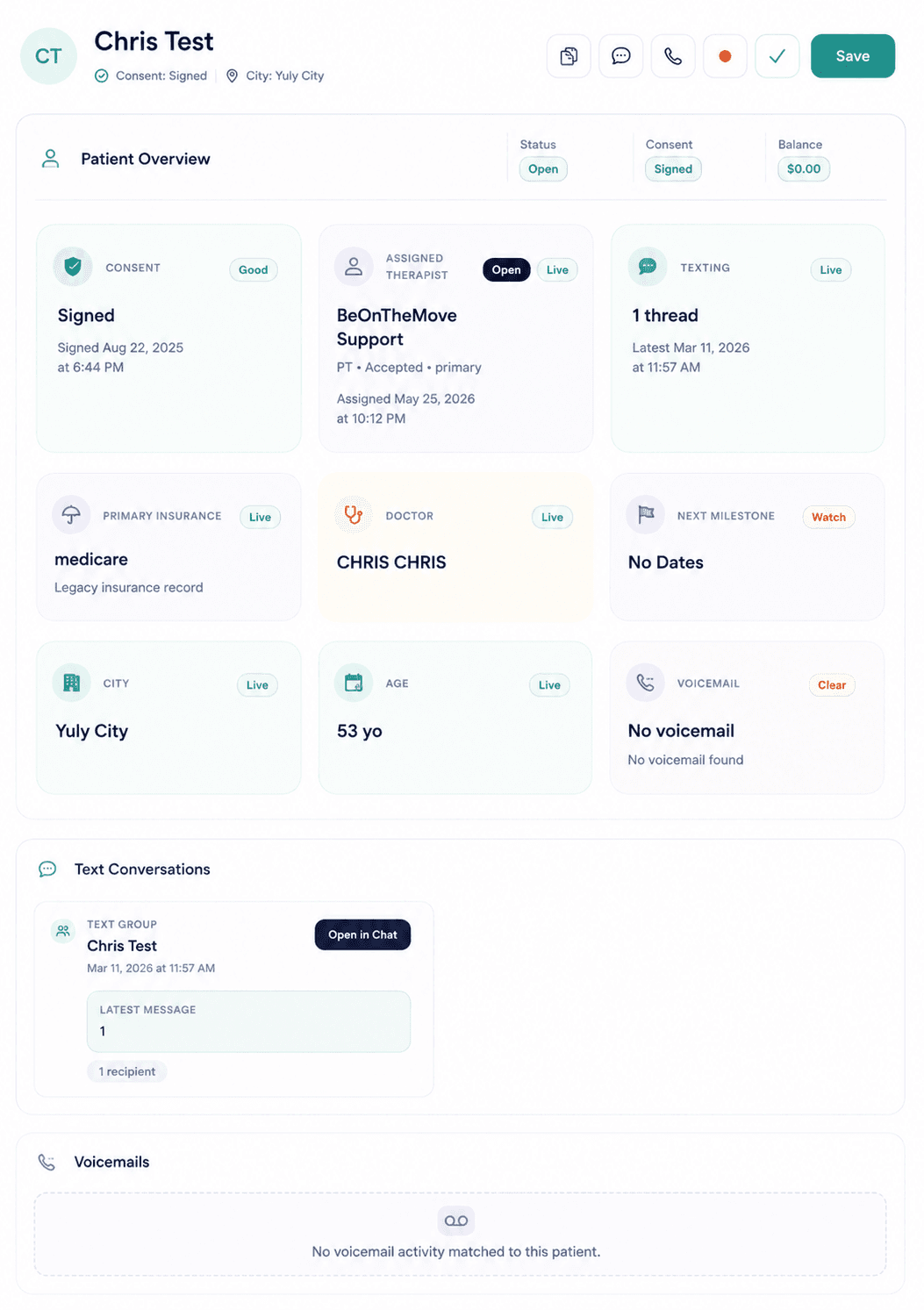 YULY patient overview and communication view