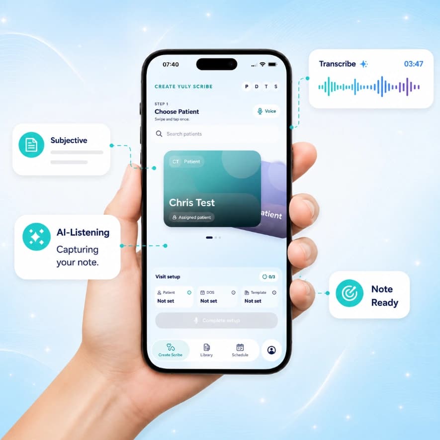 YULY product hero showing the iOS app, transcription, and PT note sections