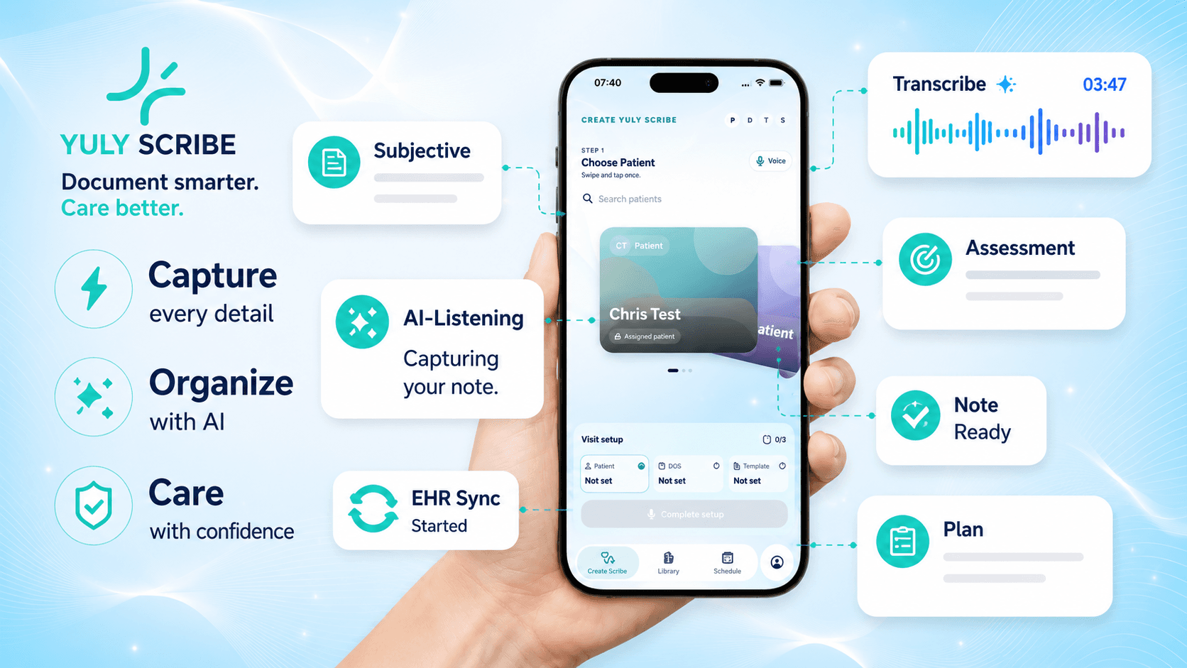 YULY marketing visual showing app capture, transcription, assessment, and plan outputs