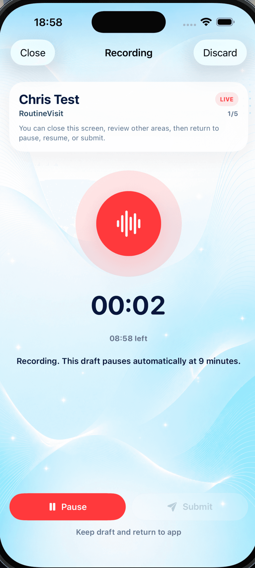 YULY recording screen with live timer and pause controls