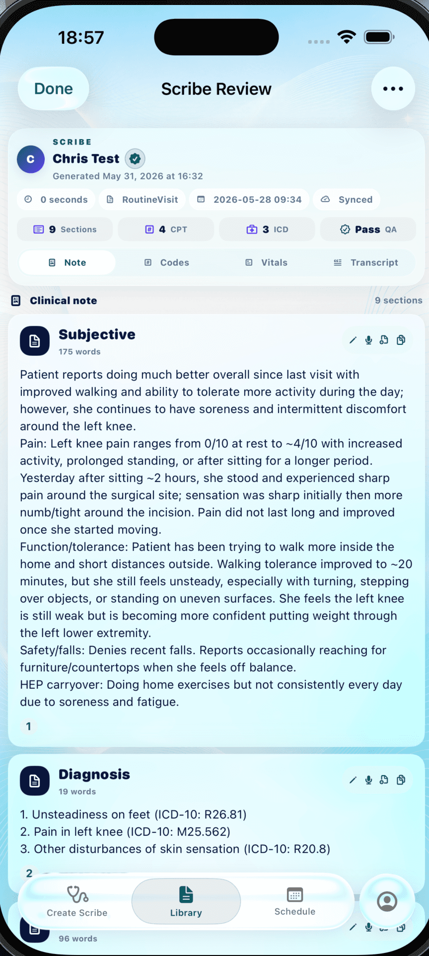 YULY review screen showing clinical note sections