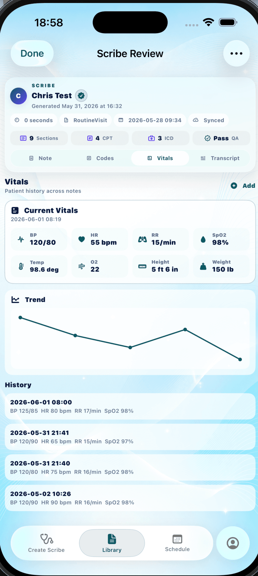 YULY vitals screen showing patient vitals and history
