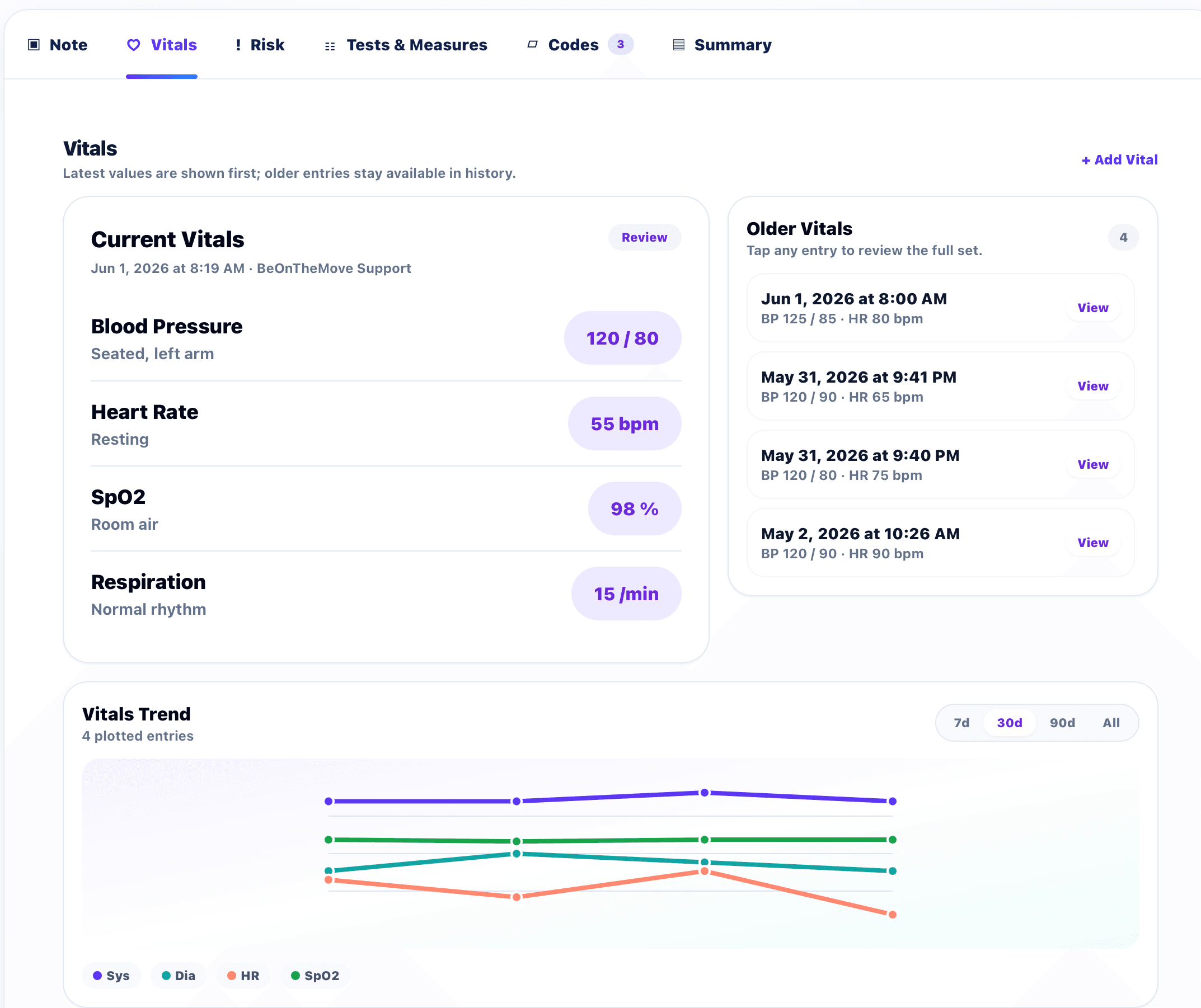 YULY vitals and clinical history screen